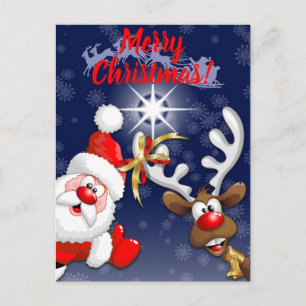 Carte Postale Père Noël et Reindeer Joyeux Noël Joyeux dessin an
