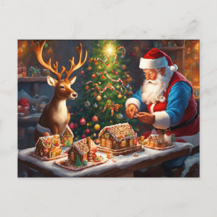 Carte Postale Père Noël et rennes font maison de pain d'épices