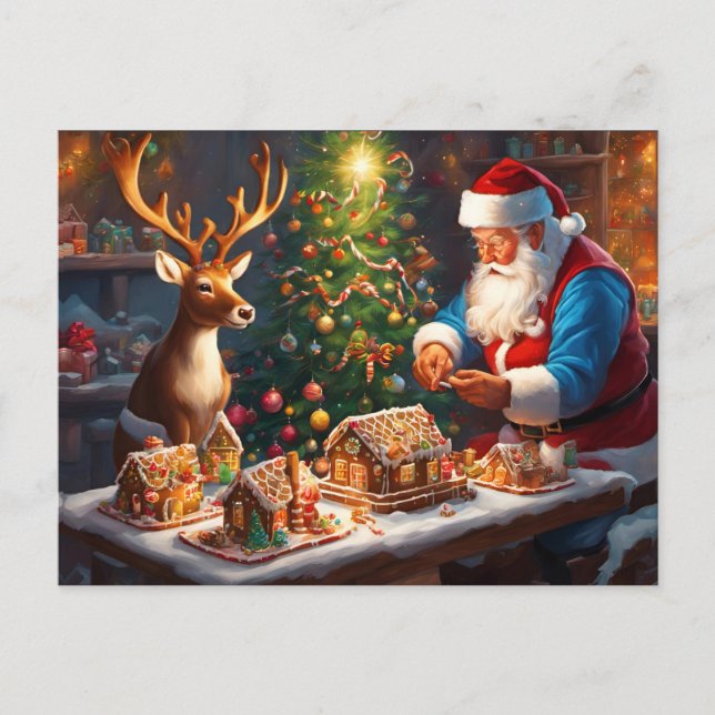 Carte Postale Père Noël et rennes font maison de pain d'épices (Devant)