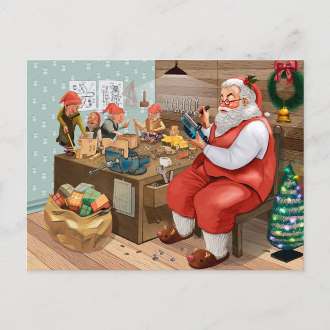 Carte Postale Père Noël et ses elfes dans l'atelier (Devant)