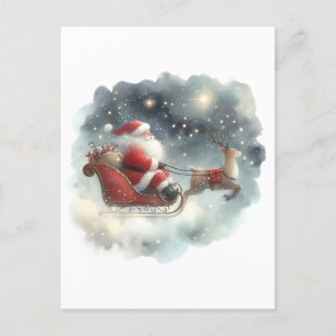 Carte Postale Père Noël et son soupir dans le ciel nocturne