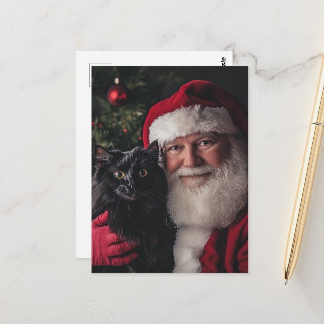 Carte Postale Père Noël et un chat noir (Devant/Arrière en situation)