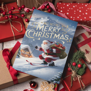 Carte Postale Père Noël Festive Glides sur la pente enneigée