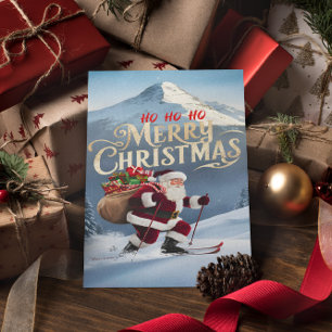 Carte Postale Père Noël Festive S'Écoulant Sur Les Pentes Neiges