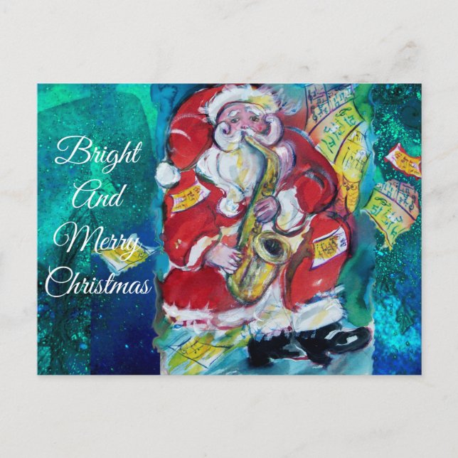 CARTE POSTALE PÈRE NOËL JOUER SAX, PARTI DE NOËL MUSICAL (Devant)