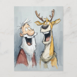 Carte Postale Père Noël joyeux et rennes rient