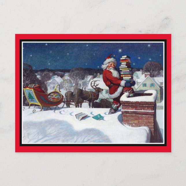 Carte Postale Père Noël livrant une brassée de livres (Devant)