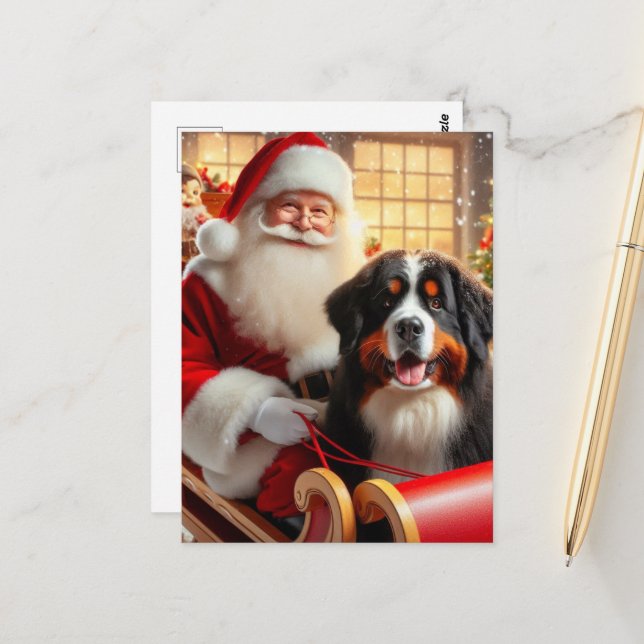 Carte Postale Père Noël livre un chien de montagne bernois (Devant/Arrière en situation)