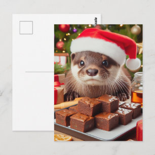 Carte Postale Père Noël loutre drôle avec des brownies pour Noël