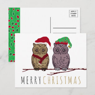 Carte postale père Noël Owl et Elf Owl Holiday