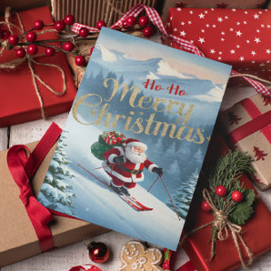 Carte Postale Père Noël parcourt une pente enneigée