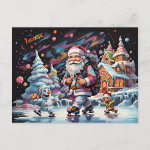 Carte Postale Père Noël patinage sur glace Couleurs psychédéliqu