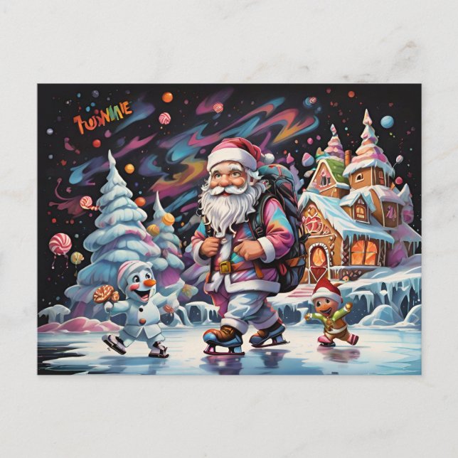 Carte Postale Père Noël patinage sur glace Couleurs psychédéliqu (Devant)