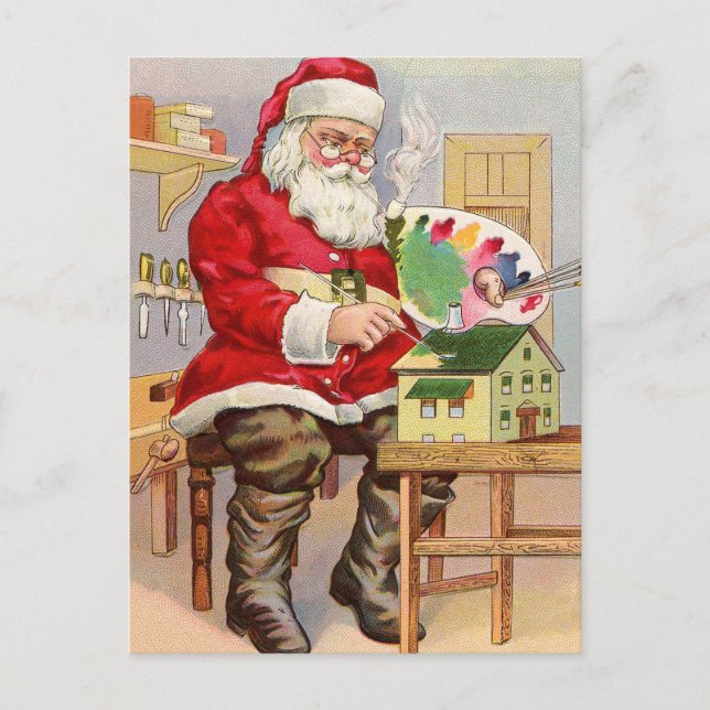 Carte Postale Père Noël Peint Une Nouvelle Maison De Jouet (Devant)