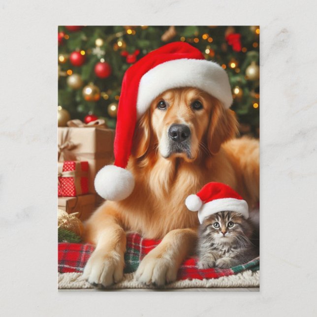 Carte Postale Père Noël Pets Golden Retriever et Kitten Christma (Devant)