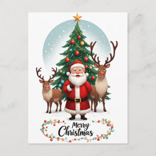 Carte Postale Père Noël Renne Arbre de Noël Vacances
