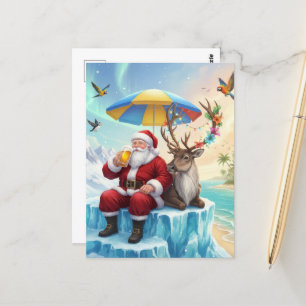 Carte Postale Père Noël savoure une bière sur un Iceberg Vacatio