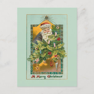 Carte Postale Père Noël souriant vintage, arbre de Noël et étoil