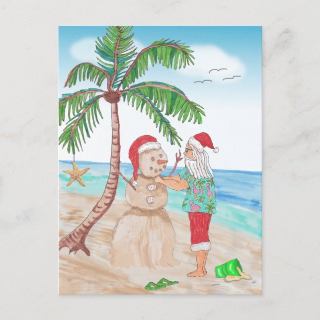 Carte Postale Père Noël sur la plage Construire un Snowman de sa (Devant)