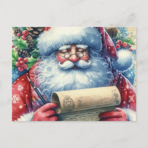 Carte Postale Père Noël vérifiant sa liste de vacances