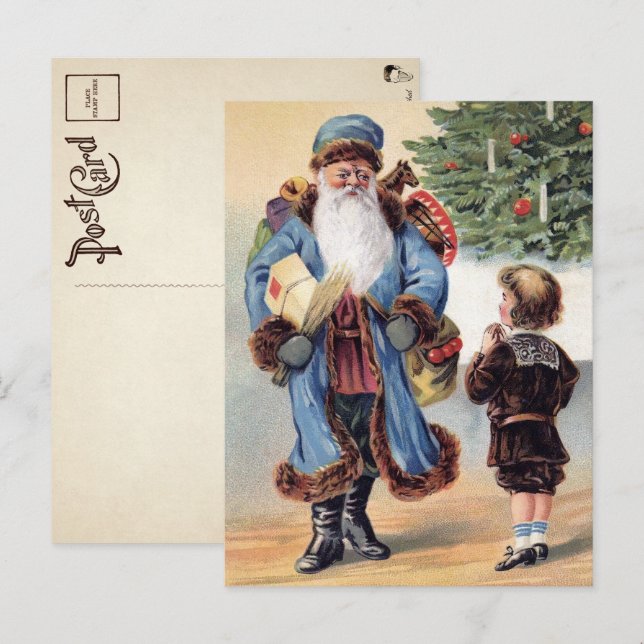 Carte Postale Père Noël victorien en robe bleue (Devant / Derrière)
