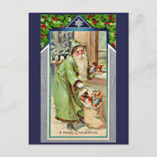 Carte Postale Père Noël victorien en vert Un joyeux Noël (Devant)