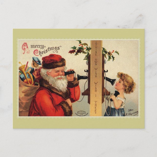 Carte Postale Père Noël vintage avec téléphone enfant et ancien (Devant)