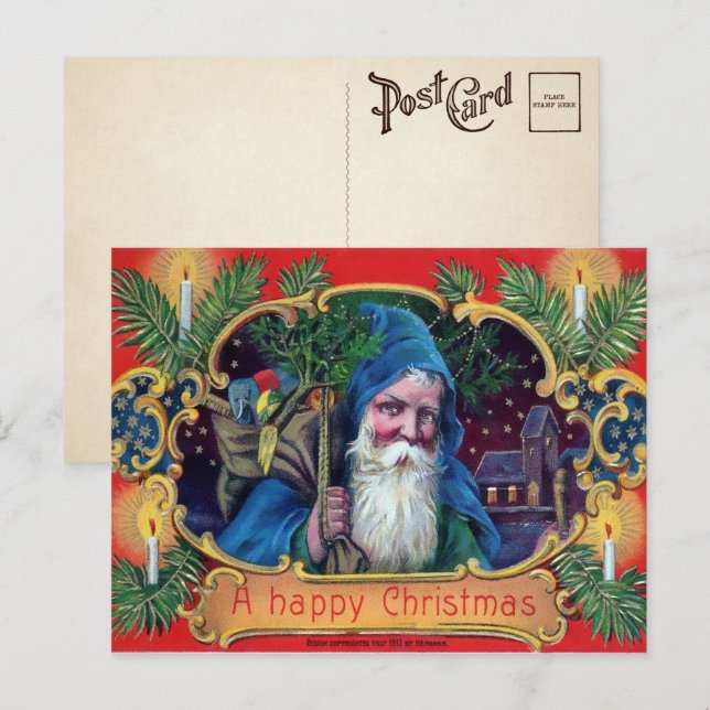Carte postale Père Noël vintage Blue Robed (Devant / Derrière)
