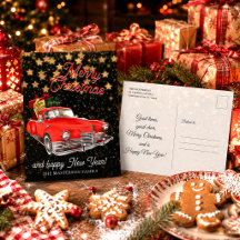 Père Noël vintage dans une voiture Vœux de Noël