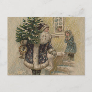 Carte Postale Père Noël Vintage Neige Arbre de Noël