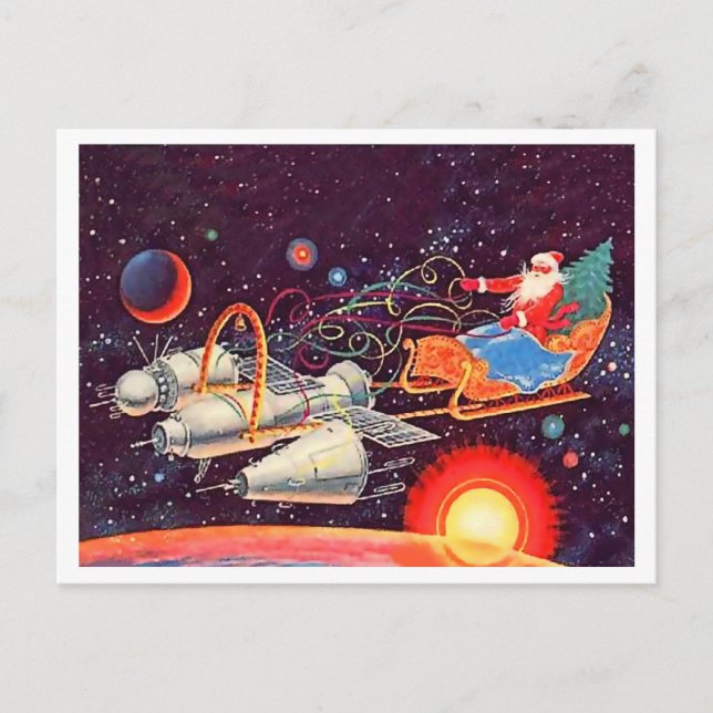 Carte Postale Père Noël vole avec des roquettes, Nouvel An vinta (Devant)