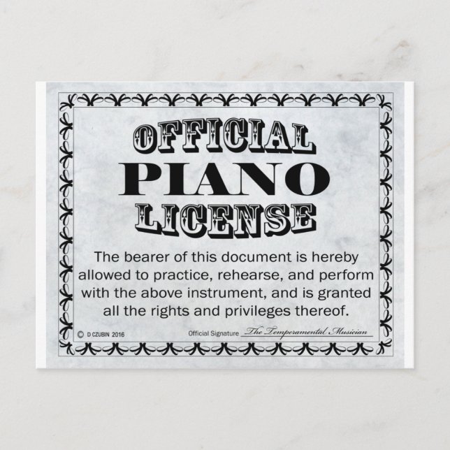 Carte Postale Permis de piano (Devant)
