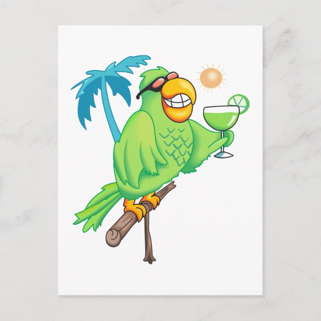 Carte Postale Perroquet avec cocktail (Devant)