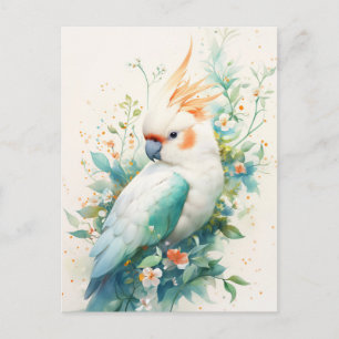 Carte Postale Perroquet blanc avec crête orange et feuillage sar
