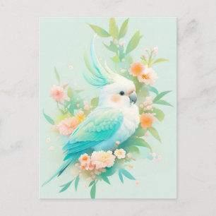 Carte Postale Perroquet Cacatoès blanc et sarcelle avec Fleur de