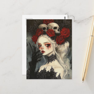 Carte Postale Perséphone Goth Red Roses Skuls