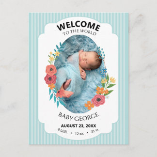 Carte Postale personalized baby blue floral Birth announcements