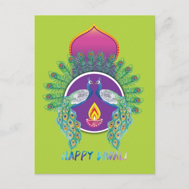 Carte Postale 😍 Personnalisable Happy Diwali avec paons (Devant)