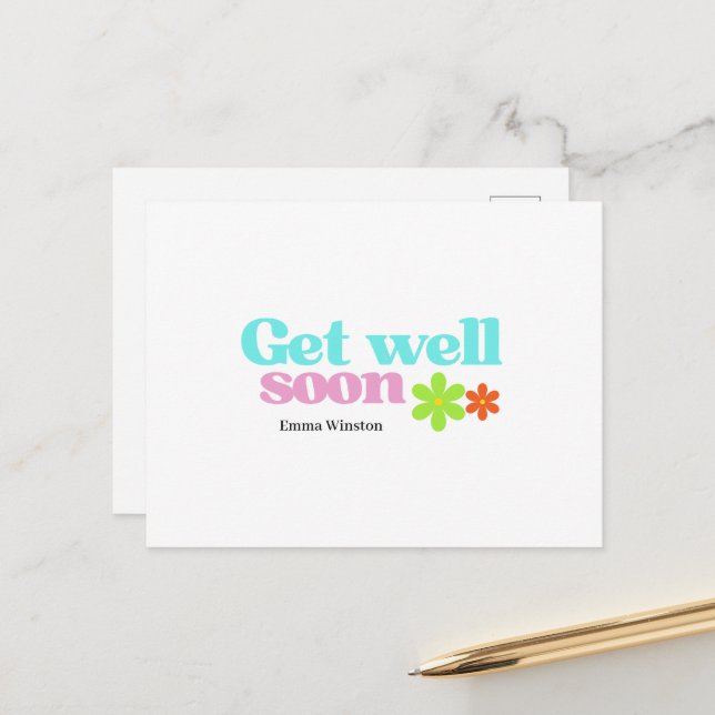 Carte Postale Personnalisé obtenir bien vite message floral blan (Devant/Arrière en situation)