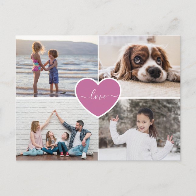 Carte Postale Personnalisé Pink Heart Love Family Photo Collage (Devant)