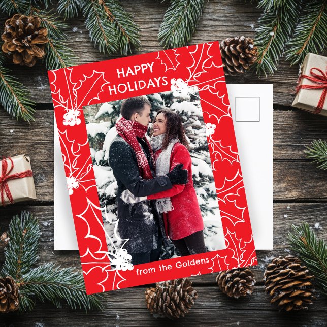 Carte postale personnalisée Holly Berries Red Chri (Holly Berries Red Christmas CUSTOM PHOTO Postcard
)