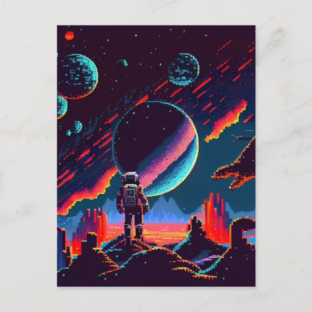 Carte Postale Personnaliser - Astronaut spatial 8 bits rétro (Devant)