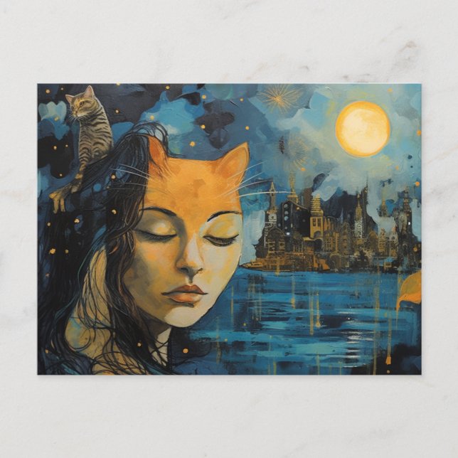 Carte Postale Personne de chat dans une ville étoilée Art généré (Devant)
