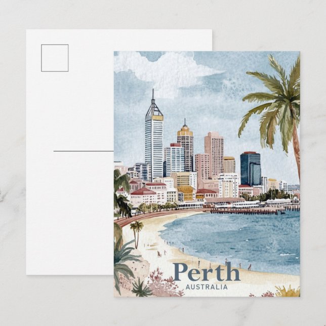 Carte Postale Perth Australie Aquarelle Peinture Voyage (Devant / Derrière)