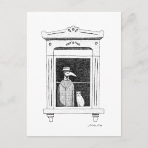 Carte Postale Peste Docteur avec chat à la fenêtre Art Steampunk