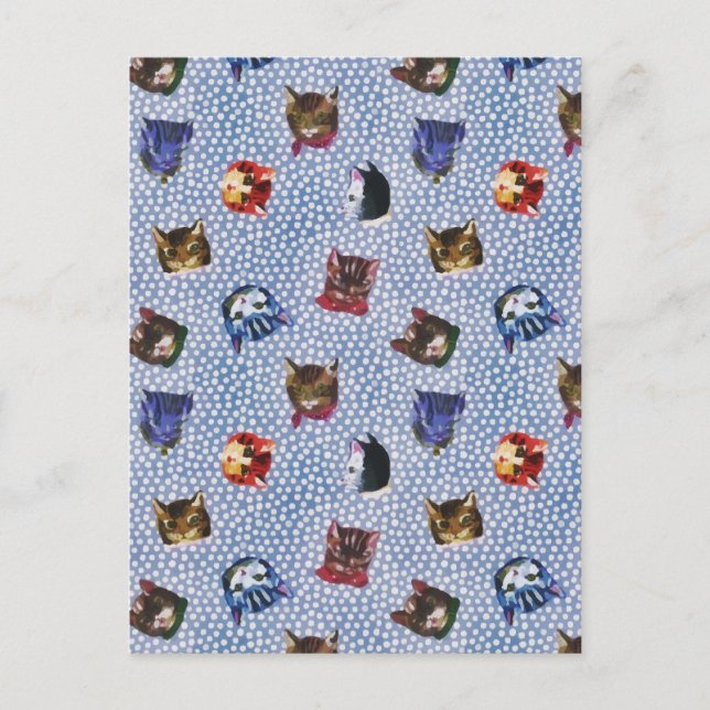 Carte Postale Pet Chat Bleu Pois Kitten Aquarelle (Devant)