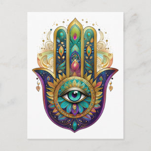 Carte Postale Pétales Violettes Vertes Dorées Hamsa Turquoise Tr
