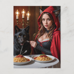Carte Postale Petit chapeau rouge et loup mangent des spaghettis