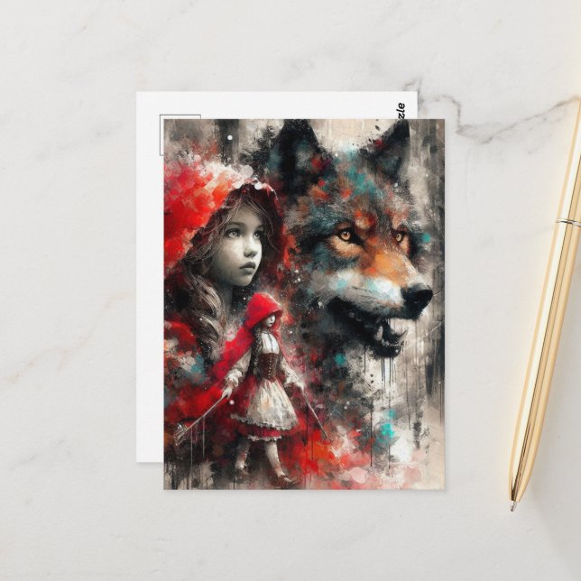 Carte Postale Petit chaperon rouge et loup (Devant/Arrière en situation)