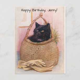 Carte Postale Petit Chat Noir dans un Panier Près de Gants de Ja